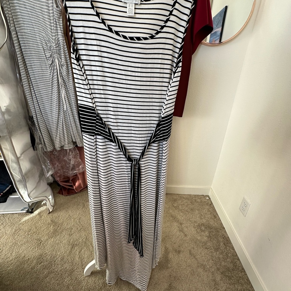 London Times Black and White Striped Maxi Dress